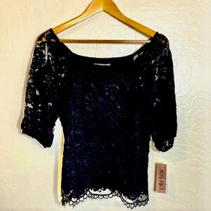 NWT Nanette Lepore Black Lace wide neck romantic blouse top M